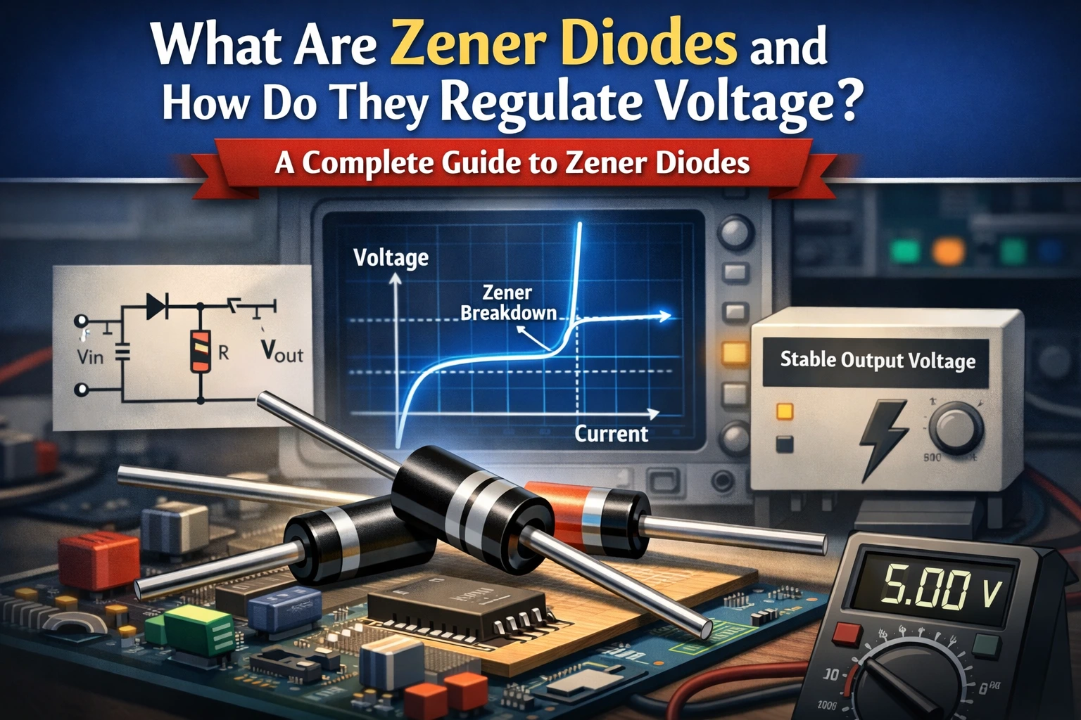Zener diode voltage regulation diagram showing Zener breakdown and stable output voltage
