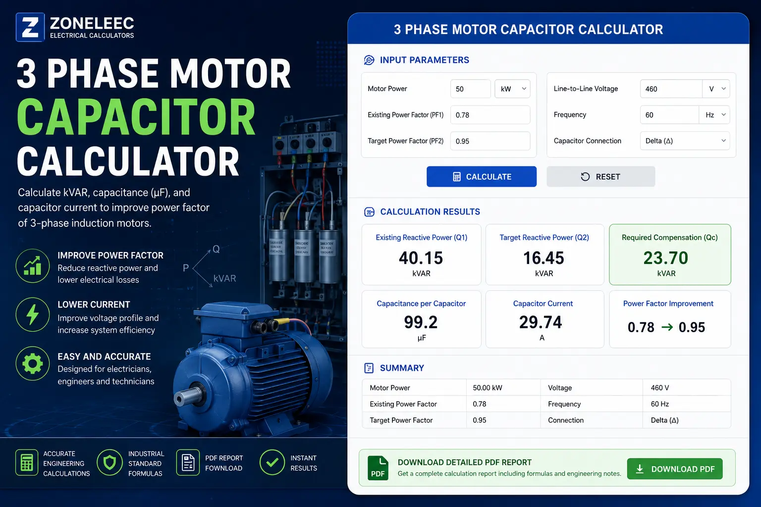 3 phase motor capacitor calculator